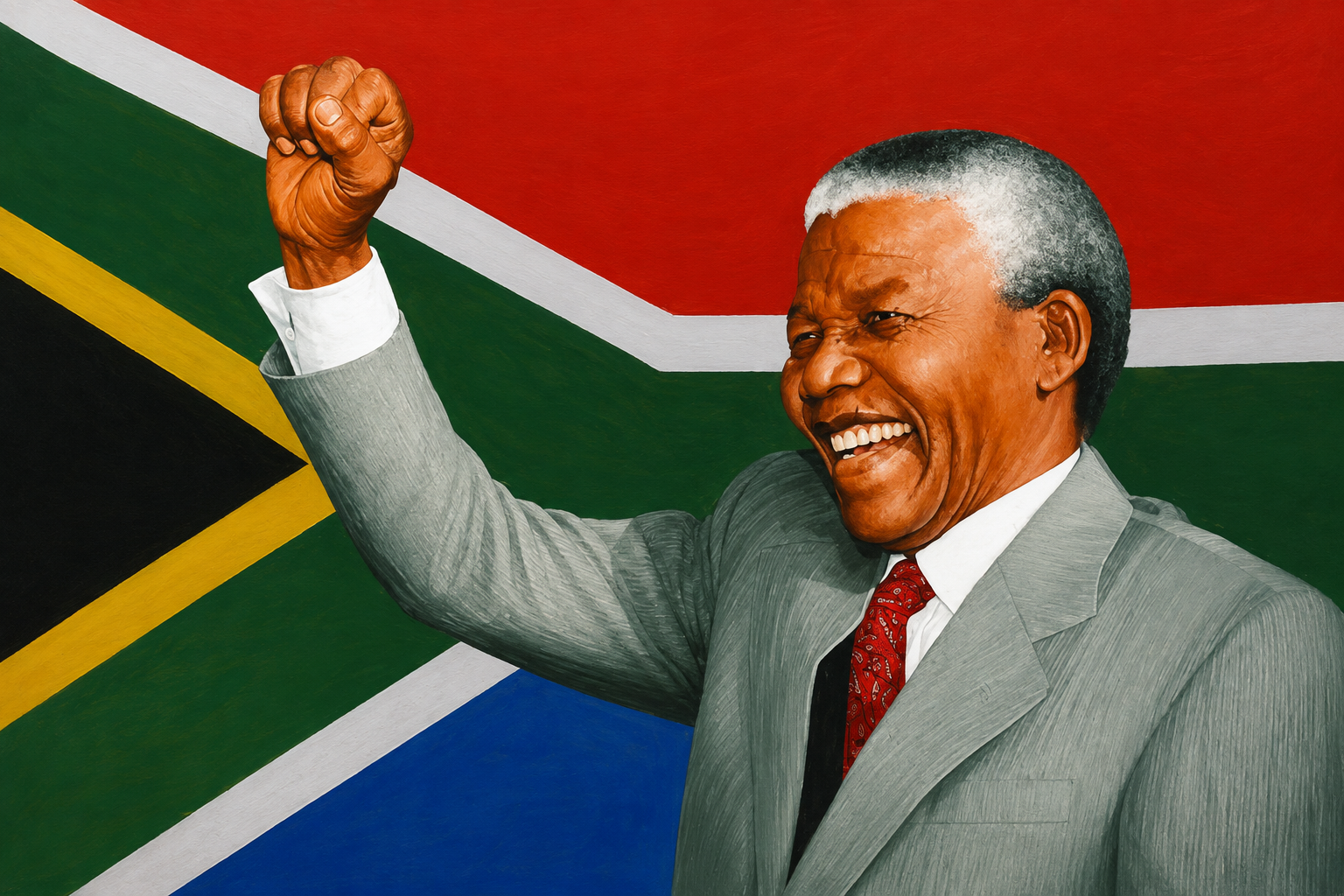 Nelson Mandela raising his fist against the South African flag